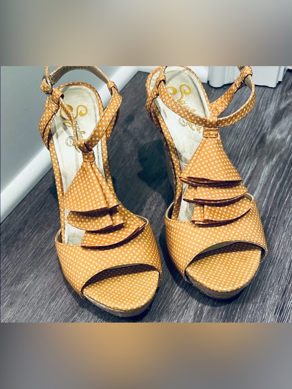 Seychelles Orange Polka Dot Ruffle Wedge Sandals